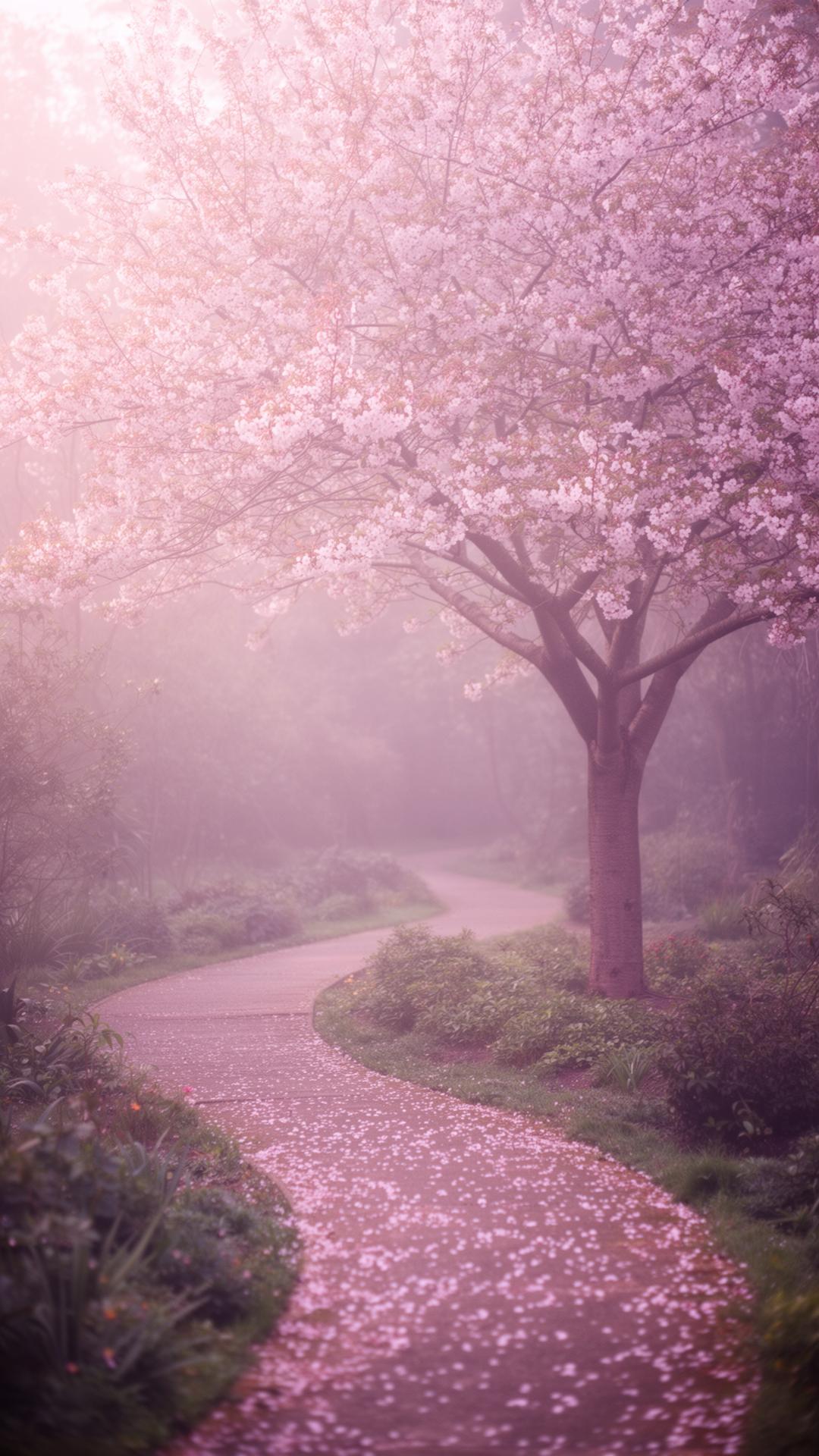 A blossoming cherry tree overhanging a peaceful winding garden path.